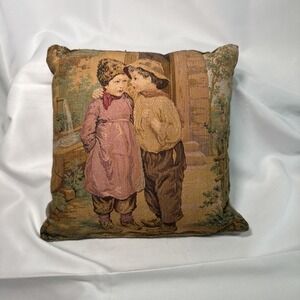 Vintage Small Belgium Tapestry Pillow With Little Girl And Little Boy Coquette